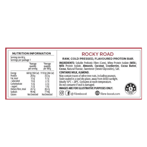 FIBRE BOOST Cold Pressed Protein Bar - Rocky Road - 60g