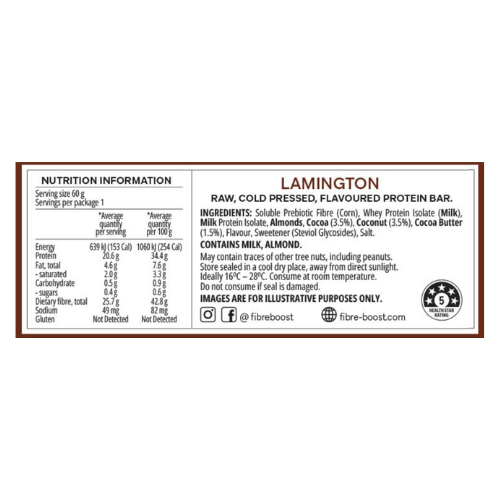 FIBRE BOOST Cold Pressed Protein Bar - Lamington - 60g