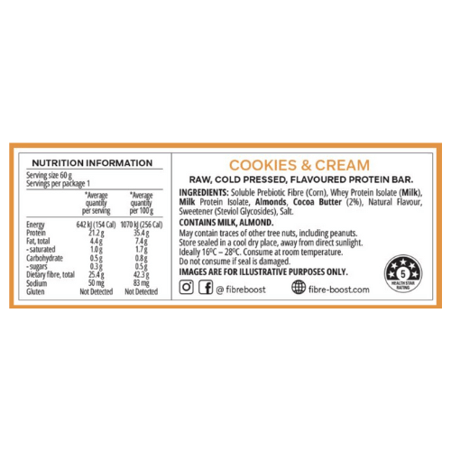 FIBRE BOOST Cold Pressed Protein Bar - Cookies & Cream - 60g