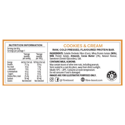 FIBRE BOOST Cold Pressed Protein Bar - Cookies & Cream - 60g
