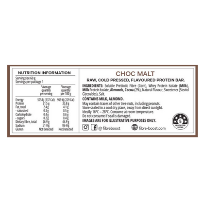 FIBRE BOOST Cold Pressed Protein Bar - Choc Malt 60g