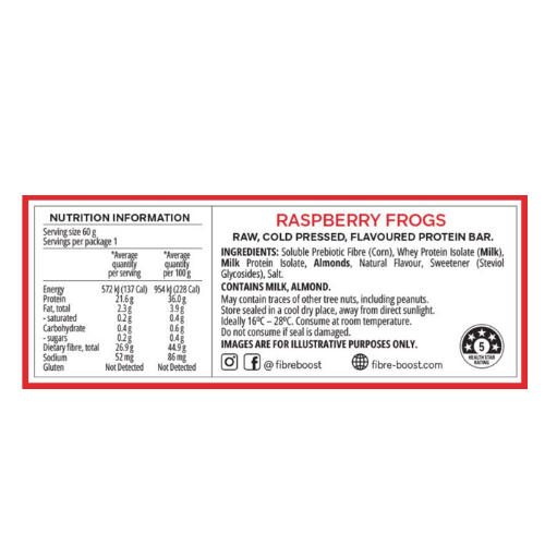 BULK Fibre Boost Cold Pressed Protein Bar - Raspberry Frog Flavour 60g x 12