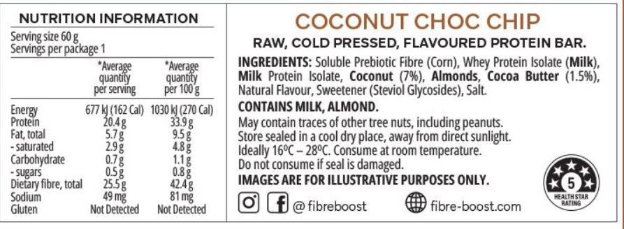 BULK Fibre Boost Cold Pressed Protein Bar - Coconut Choc Chip Flavour 60g x 12